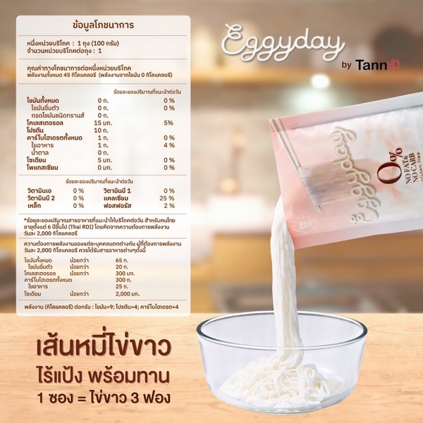 เส้นหมี่ไข่ขาว ไร้แป้ง 1 แพค (4 ห่อ) ห่อละ 100 กรัม