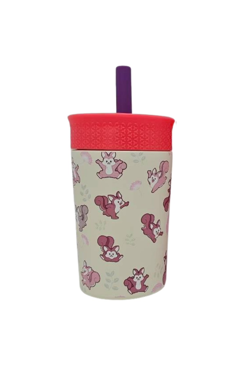 แก้วสแตนเลสเด็ก หลอดดูดซิลิโคน 350ML สีขาว สกรีนกระรอกไม่จำกัดสี รอบใบ