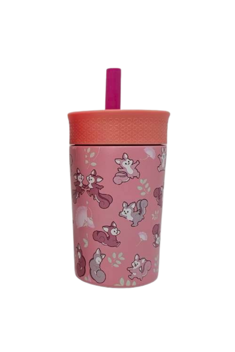 แก้วสแตนเลสเด็ก หลอดดูดซิลิโคน 350ML สีชมพูอ่อน สกรีนกระรอกไม่จำกัดสี รอบใบ