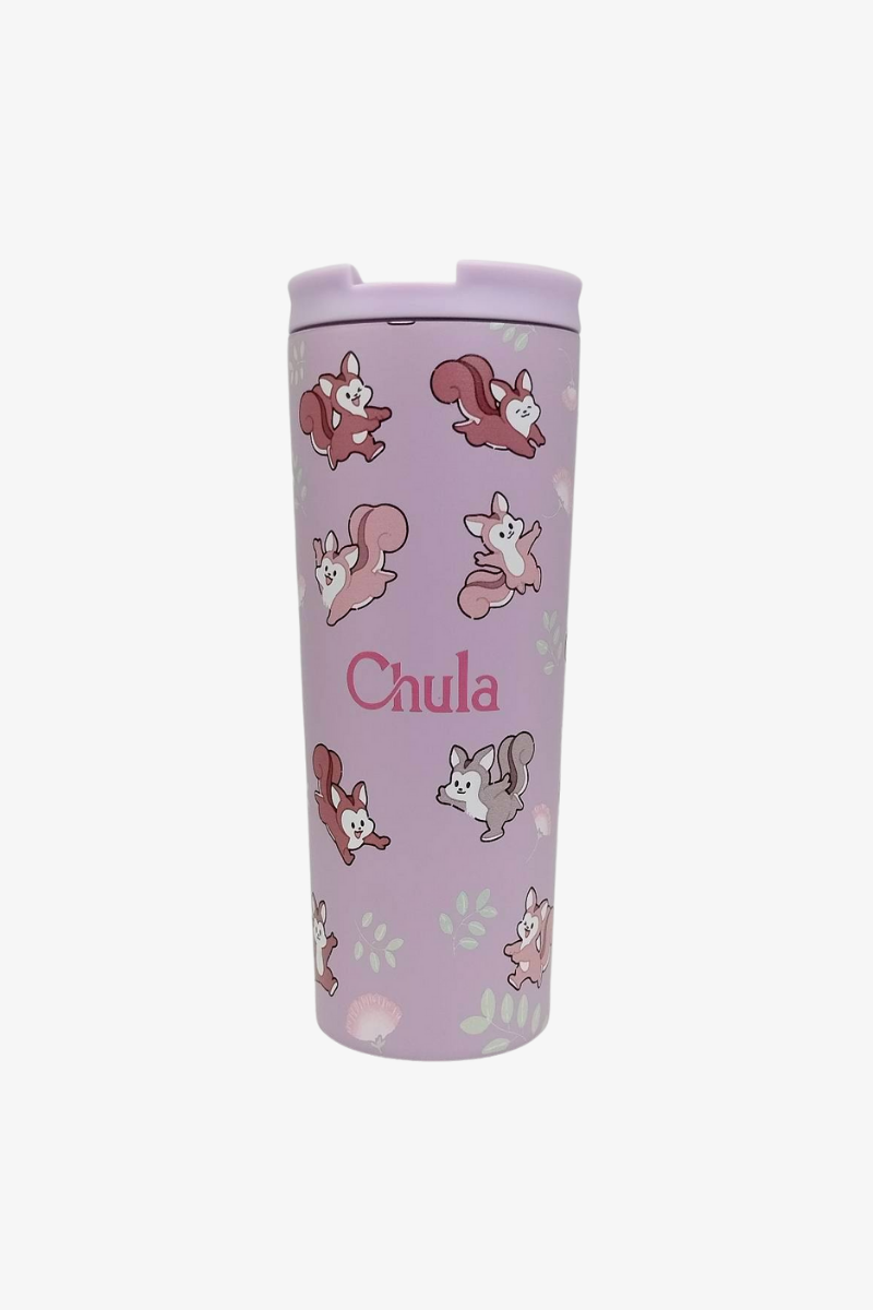 แก้วทัมเบลอร์แสตนเลสมีหลอด 710ML สีม่วง สกรีนกระรอกไม่จำกัดสี รอบใบ