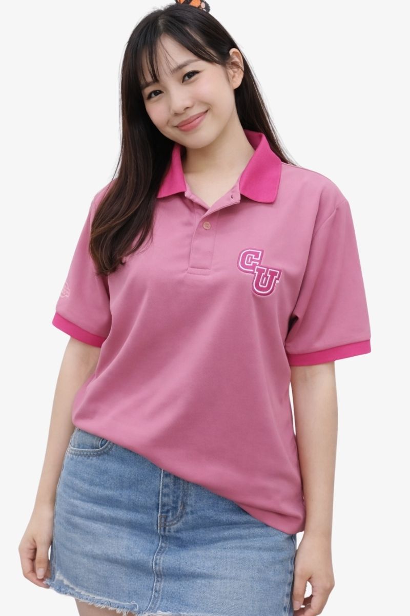 เสื้อคอปกโปโลแขนสั้นโลโก้จุฬาฯ สีชมพู