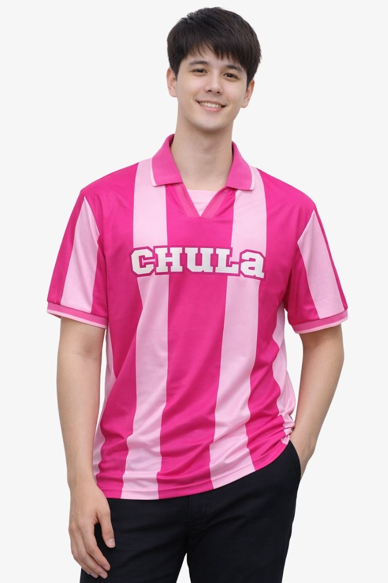 เสื้อฟุตบอลแขนสั้น สีชมพูเข้มสลับสีขาวโลโก้ Chula