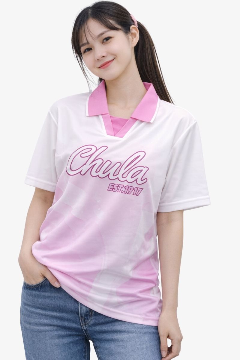 เสื้อฟุตบอลแขนสั้นโลโก้ Chula ปกทอปลายแขนจั๊ม (ชมพู)