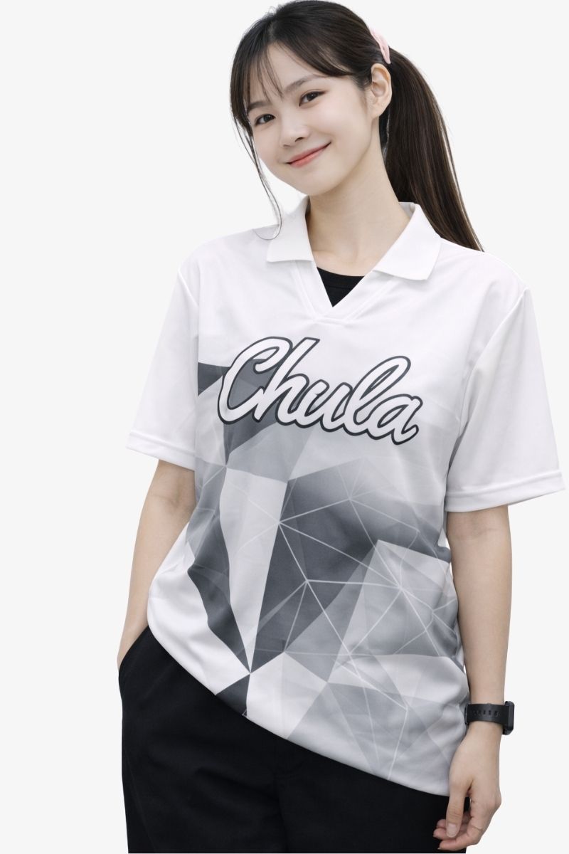 เสื้อฟุตบอลแขนสั้นลายเพชร โลโก้ Chula ปกทอปลายแขนจั๊ม (สีเทาดำ)