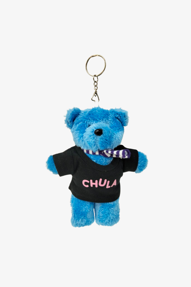 พวงกุญแจตุ๊กตาหมีสีน้ำเงิน พร้อมเสื้อยืดสกรีนโลโก้ 1 จุด