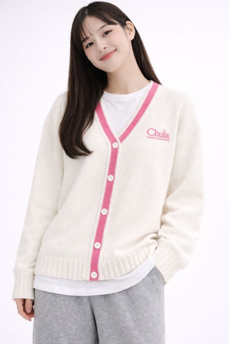 เสื้อ Cardigan สีขาวแต่งสีชมพู ปักโลโก้ Chula คละ 4 size